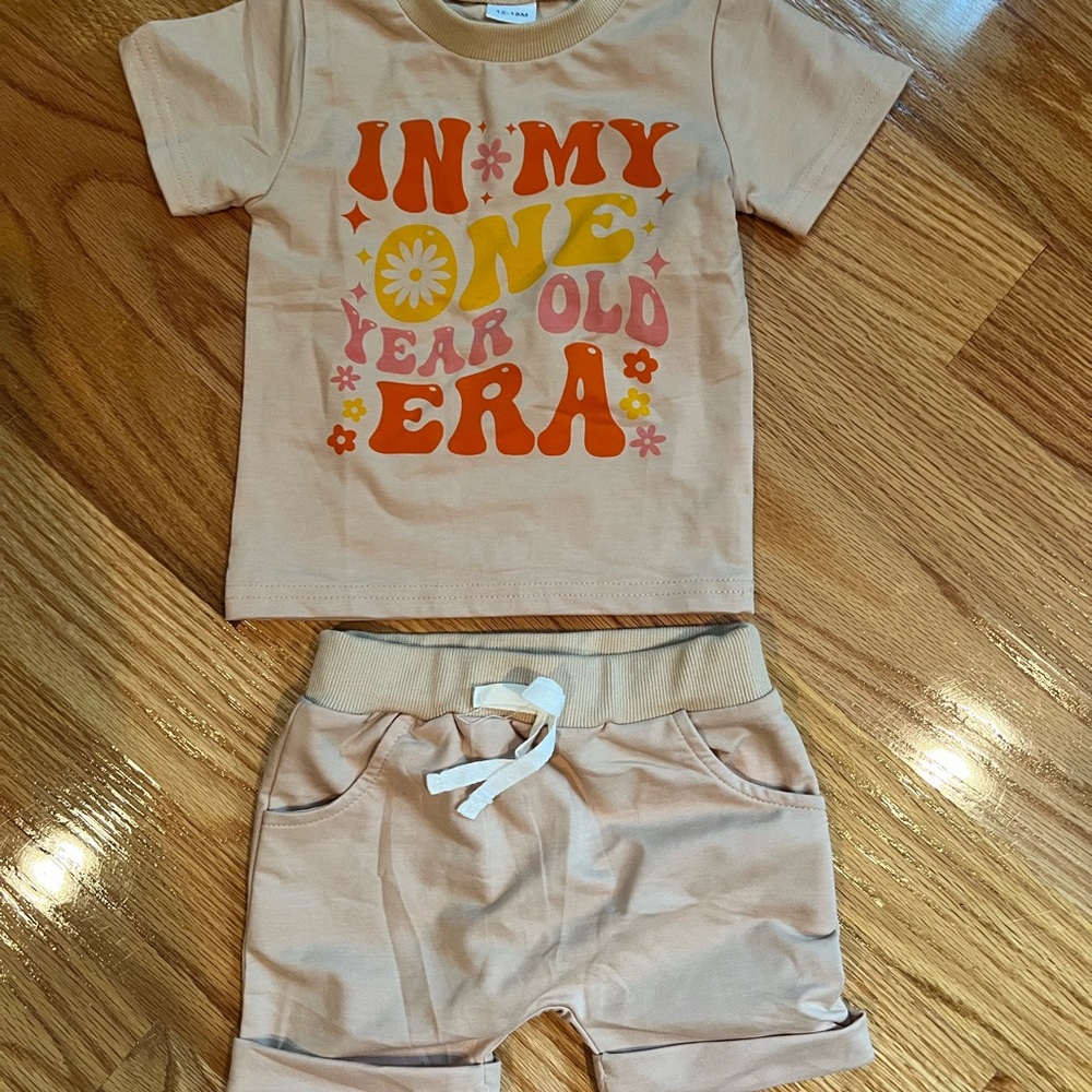 One year old  Tan Toddler Outfit with Graphic Tee